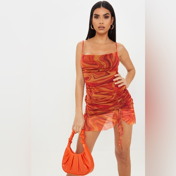 Orange Mesh Marble Print Ruched Bodycon Dress - Picture 1 of 2